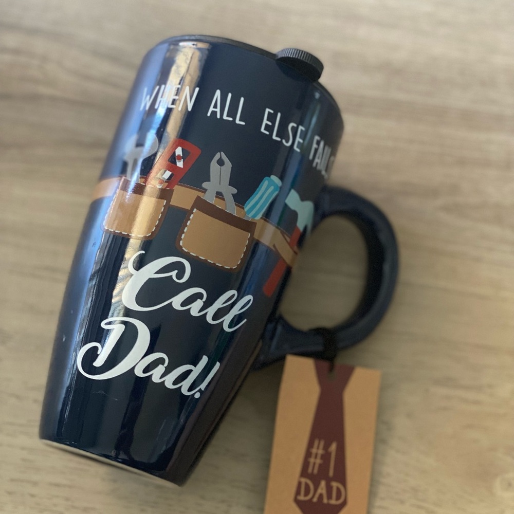Navy Blue '#1 Dad' Mug with Lid (with text ‘When all else fails Call Dad' ).